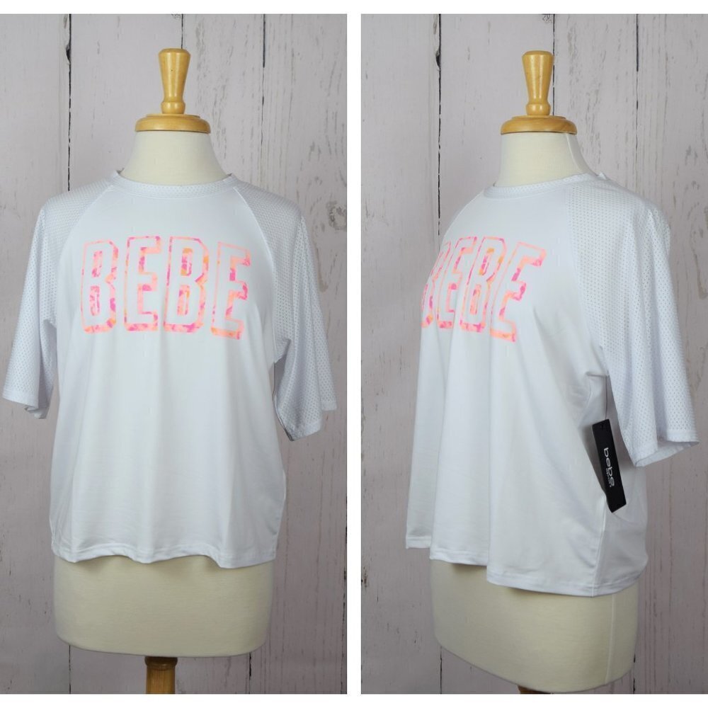 💰3/$25 NWT BEBE Sport T Shirt Mesh White Tee Tie Dye Logo Top M